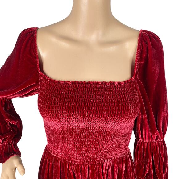 Reformation Albi Crimson Red Velvet Smocked Mini Dress SZ S - Picture 5 of 11